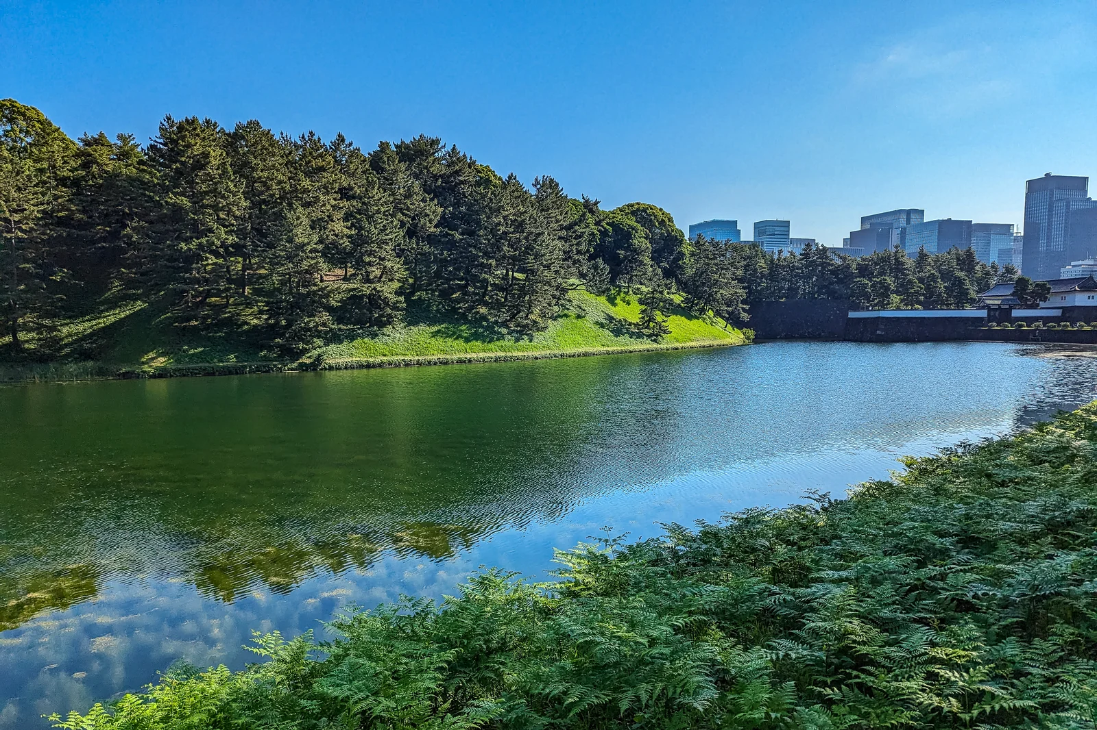 皇居護城河邊樹木翠綠，清澈水面倒映天空，城廓建築古樸