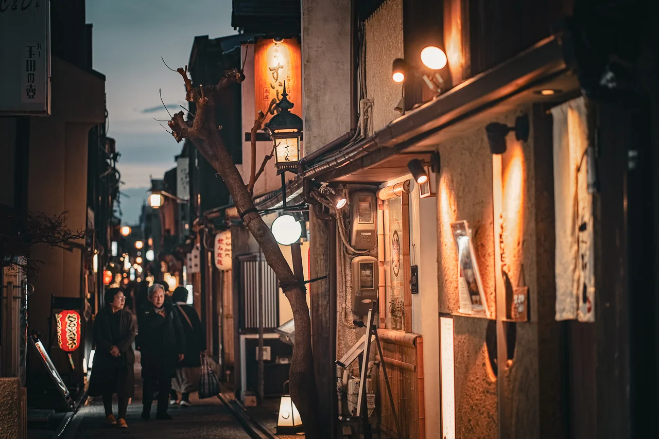京都先斗町大樹與街燈夜晚光影