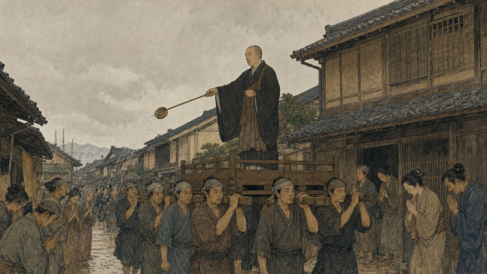 聖一國師站在施餓鬼棚上灑水、居民抬棚巡行祈求疫病退散的示意圖（AI 生成）