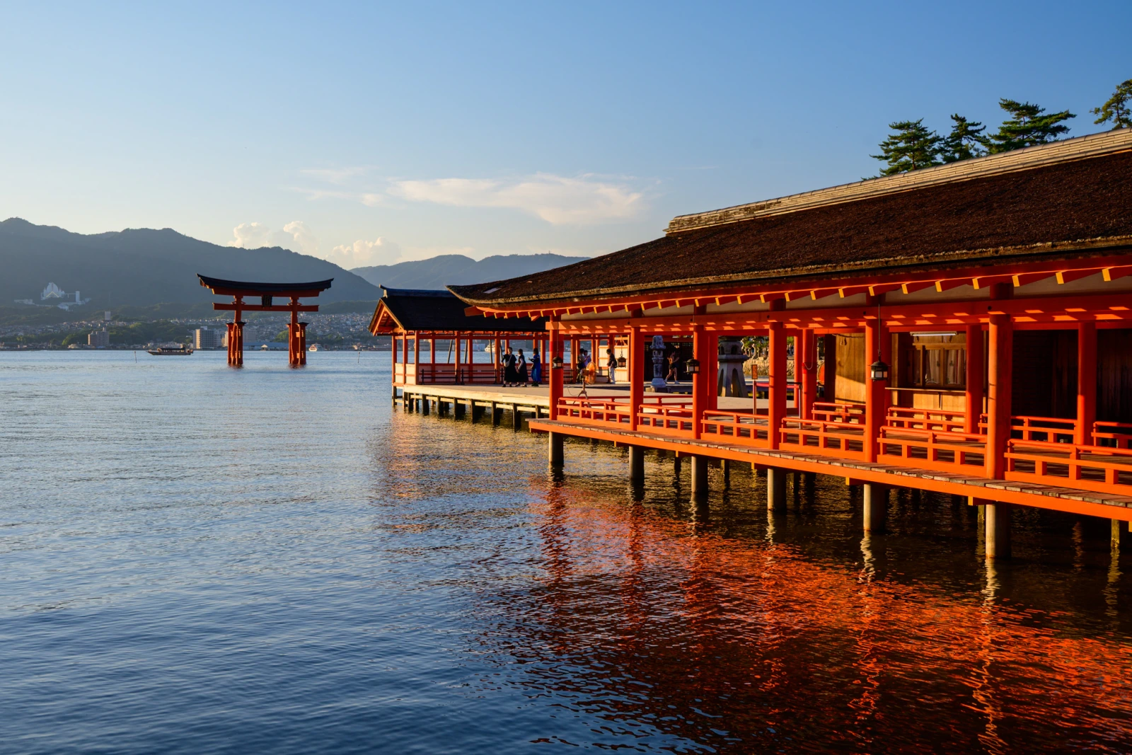 漲潮後嚴島神社與海上大鳥居的黃昏景色